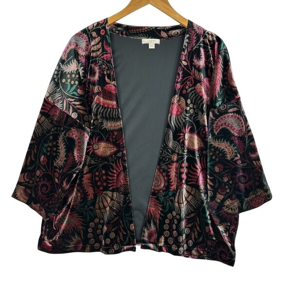 LOFT Velvet Kimono Jacket Womens L Open Front Boho Floral Paisley Velvet Topper - Picture 1 of 14